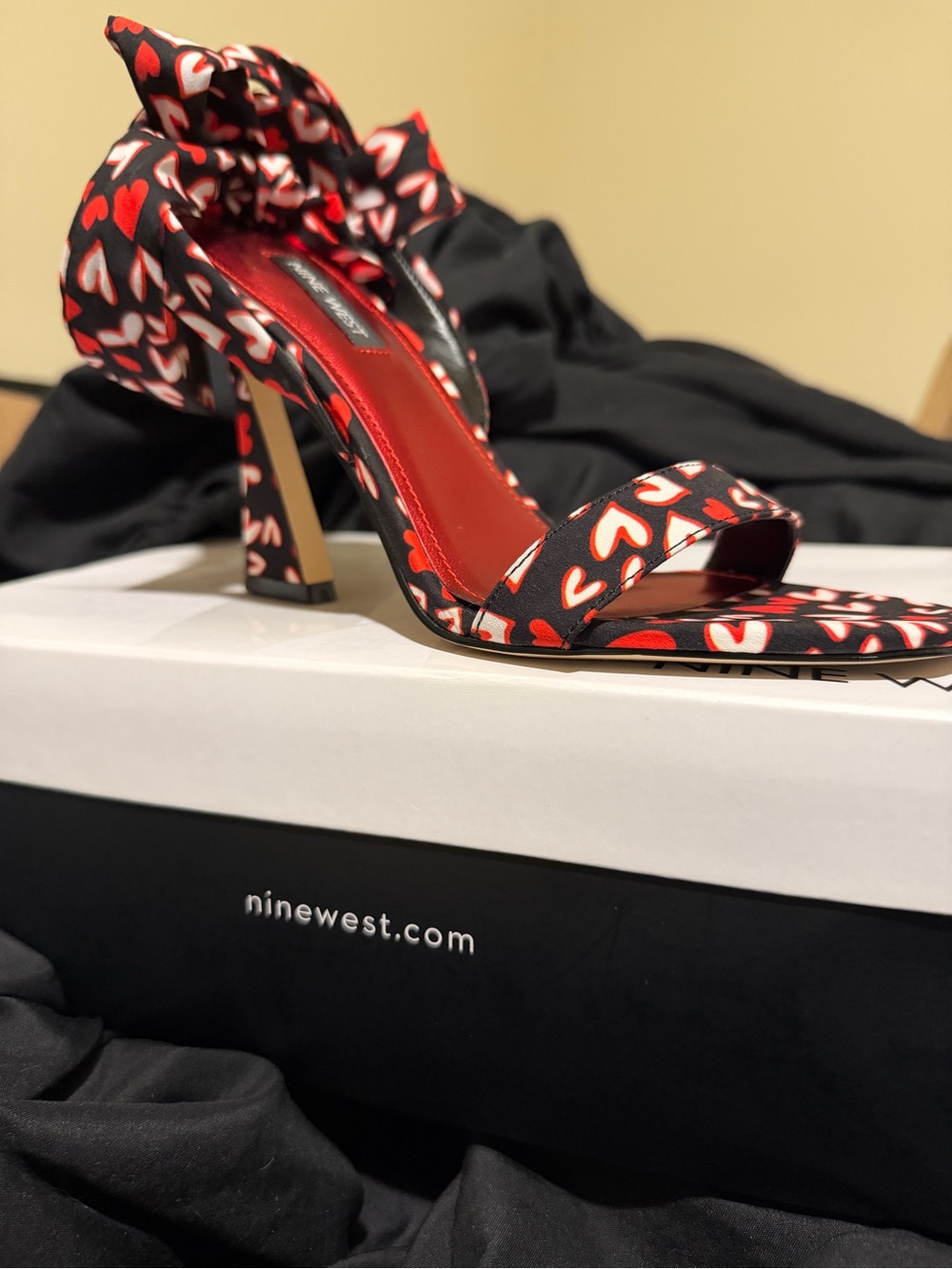Nine West Black & Red Heart-Print Ankle-Tie Stiletto Sandals